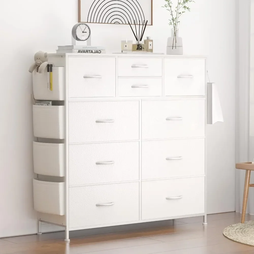 Bedroom Chest of Drawers with Side Pockets and Hooks, Sturdy Steel-framed Vanity, PU Storage Dresses