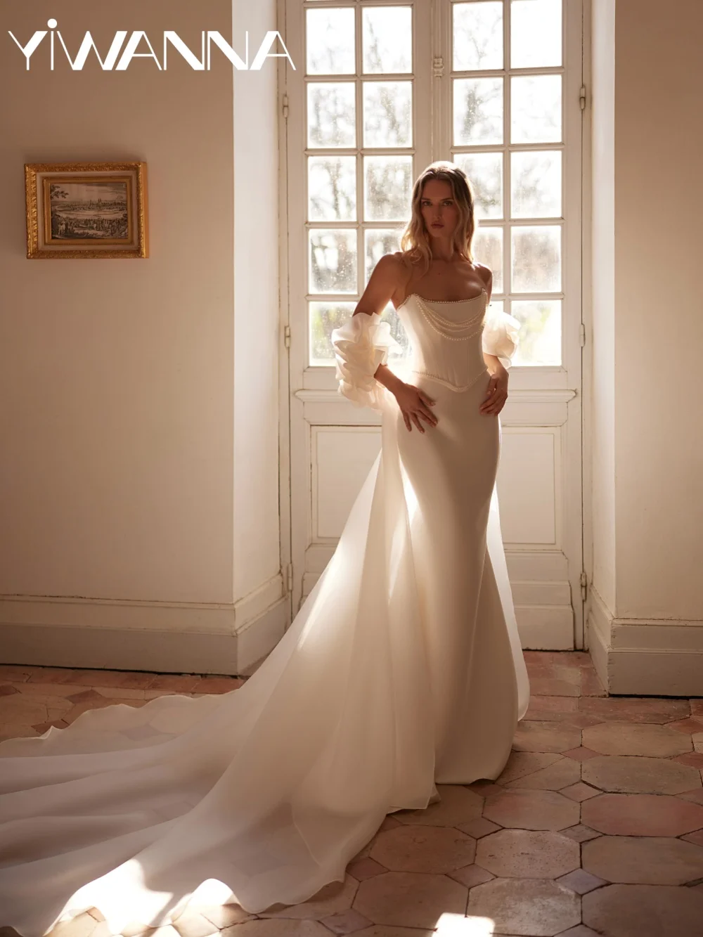 

Detachable Train Pearl Wedding Dress With Corset Floor-length Mermaid Bridal Gown Customized Elegant Strapless Dresses For Bride