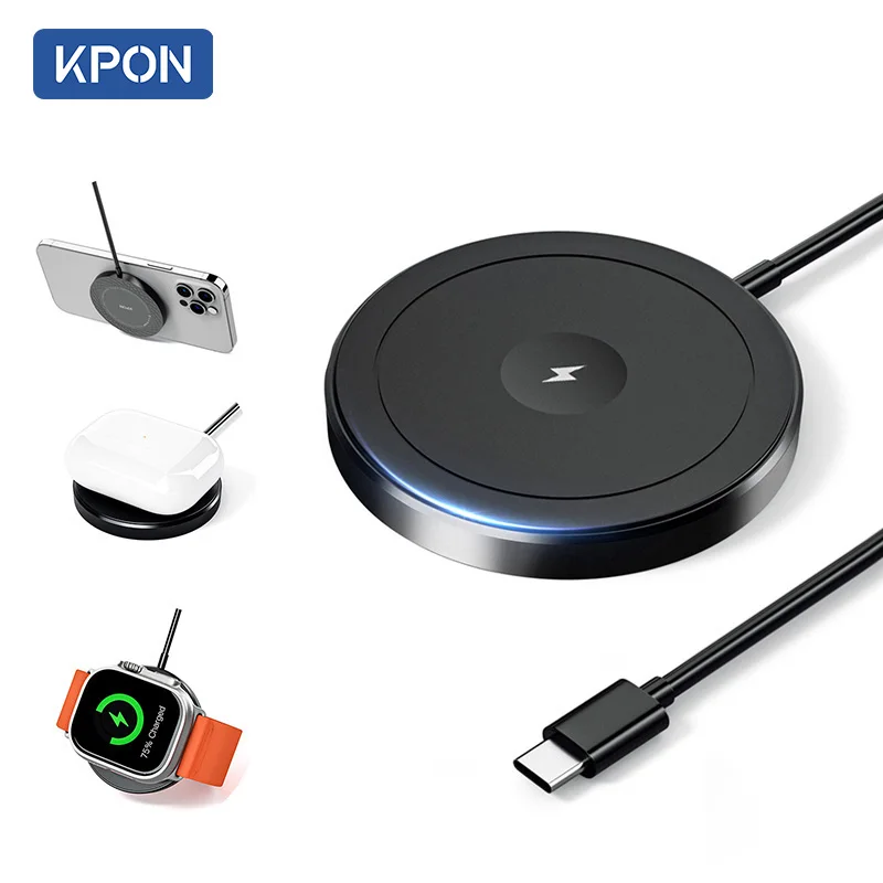 KPON 3 in 1 Magnetic Wireless Charger For Apple Watch Series 9/8/7/6 Fast Charging Pad  For iPhone 15/14/13 Pro/Magsafe charger