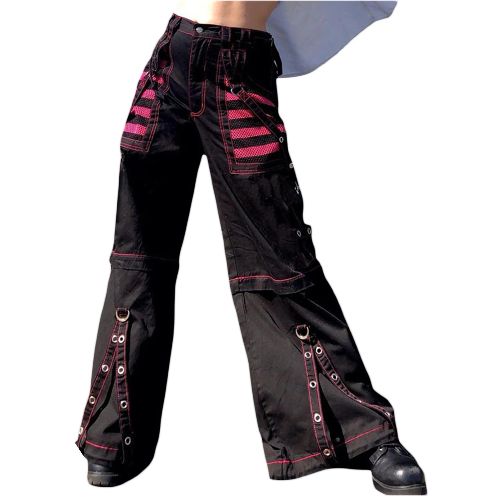 2023 Retro Punk Loose Wide Leg Pants for Women Hip-hop Strap Buttoned High Waist Cargo Pants Stripe Baggy Trousers