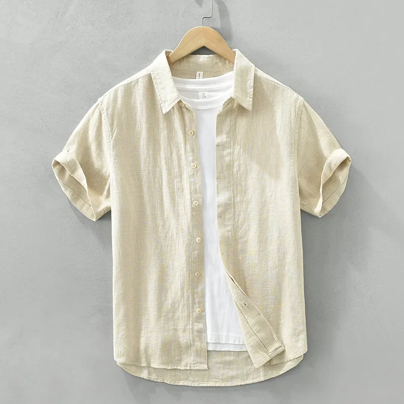 

Summer Short Sleeve Cotton Linen Shirt Men Japanese Vintage Shirt Daily Casual Apricot Shirt Beachwear Breathable Tops for Men
