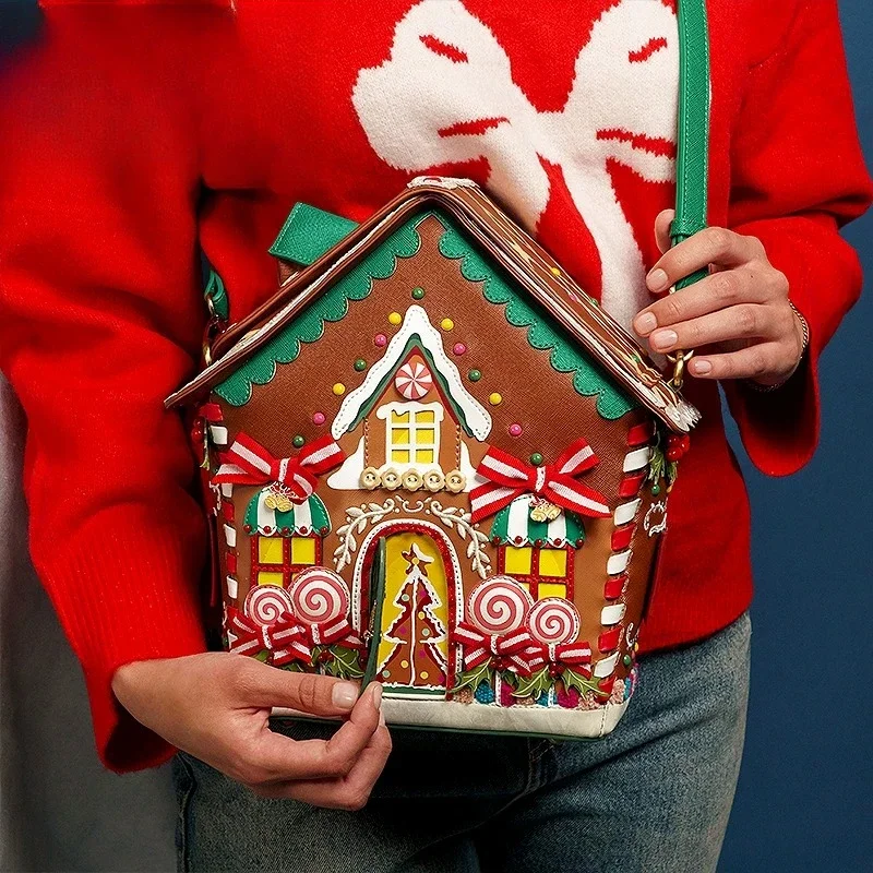 Original handmade women's bags, gingerbread houses, Christmas cabins, cute handheld backpacks