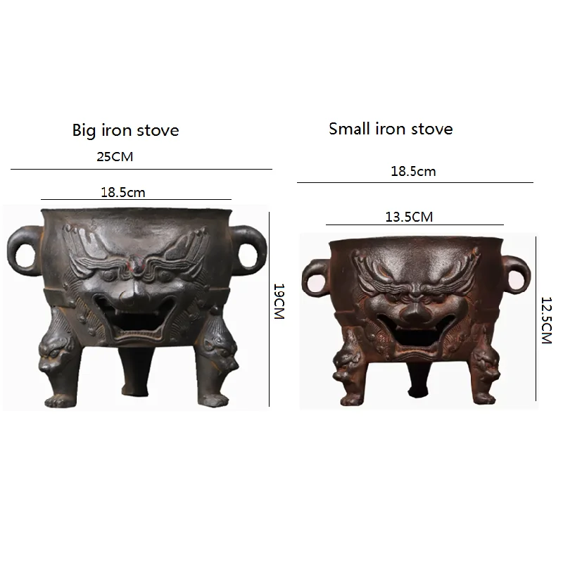 Retro charcoal BBQ grill cast iron tiger-faced big stove portable outdoor camping stove tea wine heating stove antique collectio