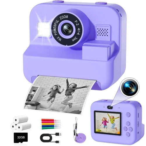 Imagen 1 del producto Mini cámara de vídeo digital para niños con impresión térmica y estabilización de imágenes múltiples, tarjeta de 32 GB incluida