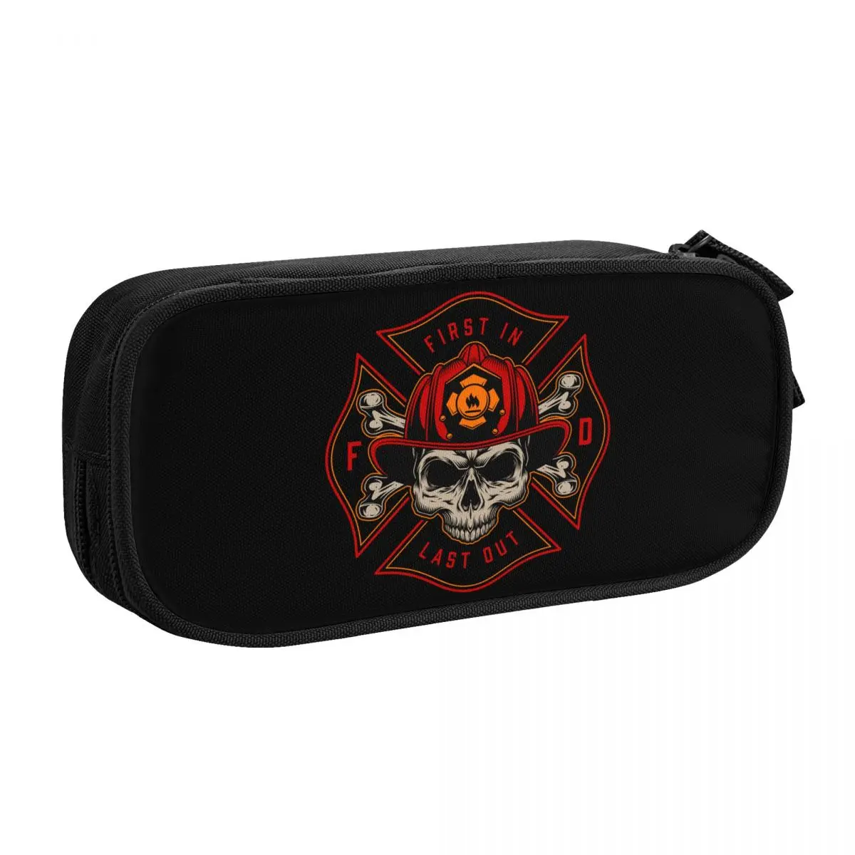 Custom Vintage Firefighter Skull Pencil Case for Boy Girl Big Capacity Fire Rescue Fireman Pen Box Bag Stationery