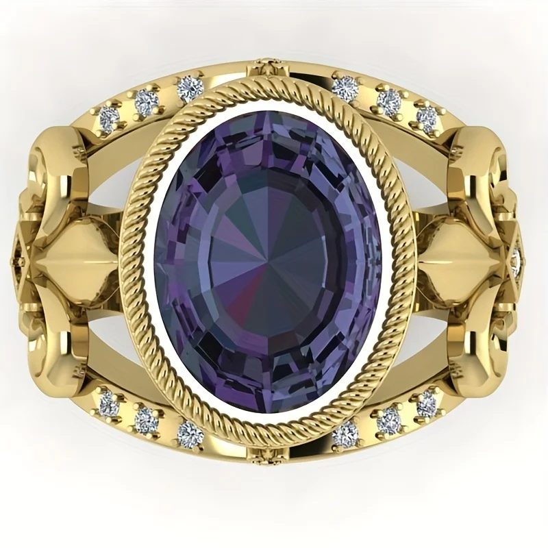 2024 New Exquistie Sparkling Purple Cubic Zirconia Rings with 18K Gold Plated Men‘s Hollow Design Retro Finger Ring Jewelry