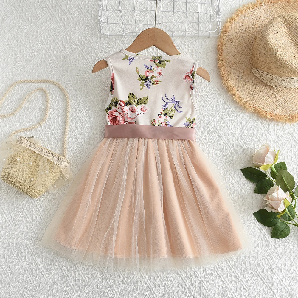 Bear Leader New Girls\' Dress 2023 Summer Fashion Bow Mesh Ponchy Dress Cute Princess Dress Flower Print Sleeveless Tank Top Dres