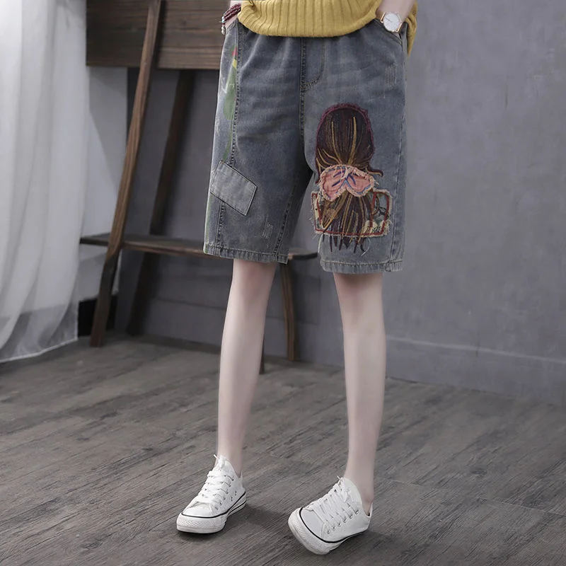 Summer Denim Shorts Women High Waist Girl Embroidery Drawstring Denim Pants Female Vintage Casual Baggy Jeans Knee Length Pants