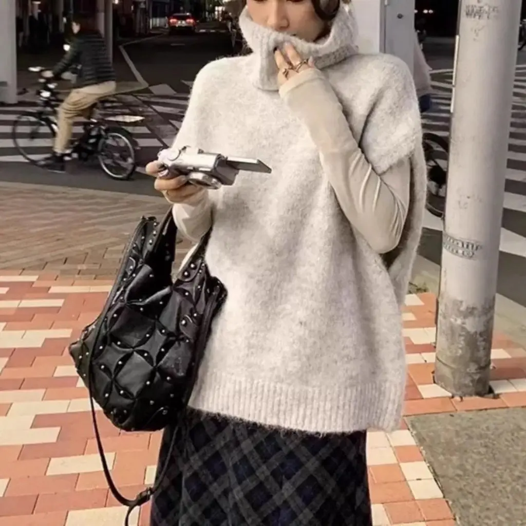 

Korean Style High Collar Sweater Vest Women's Loose Lazy Style Layering Top Shirt Women's Autumn Winter Fashion