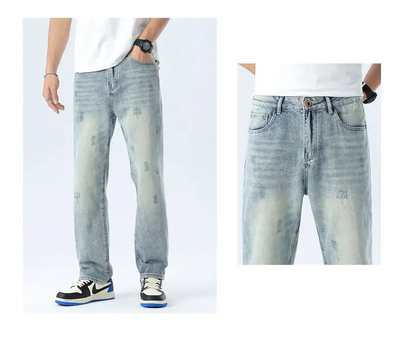 2026 New Men's Jeans High Street Trendy Brand Washed Personalized Non-Stretch Loose Straight-Leg Versatile Denim Pants