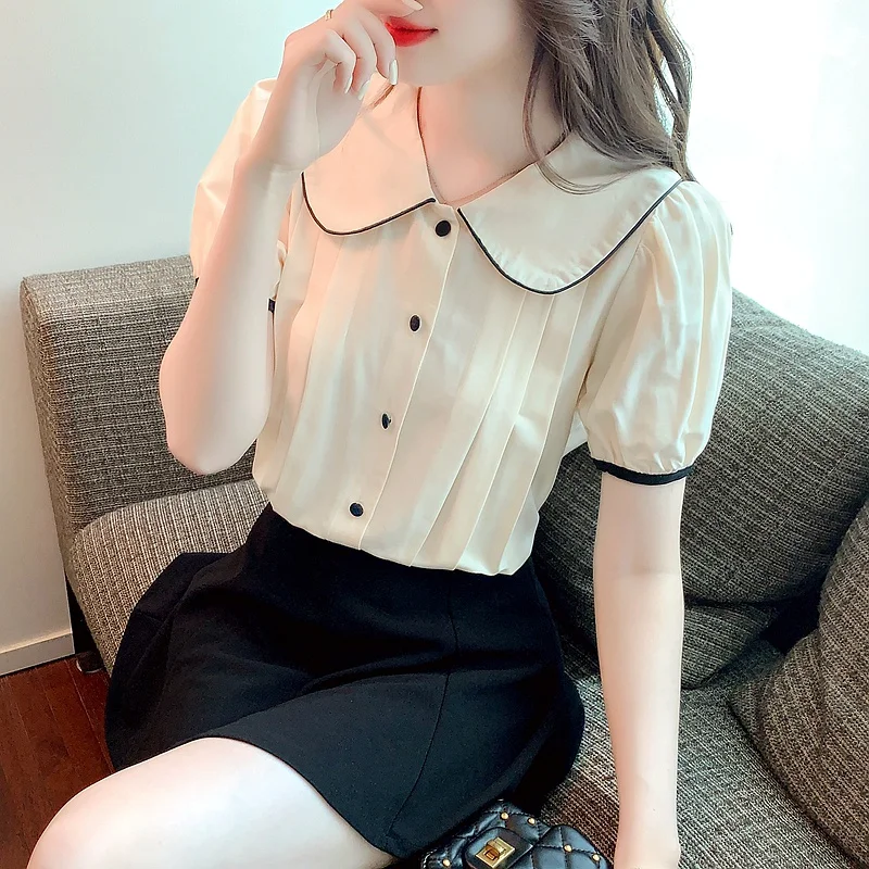 Fashion Casual Doll Collar Short Sleeve Blouse Women's Summer 2023 New Retro Shirts Tops