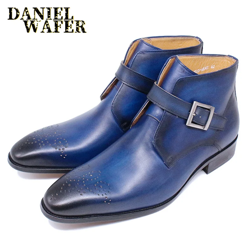 Fashion Men\'s Chelsea Boots Luxury Design Genuine Leather Shoes Black Blue Buckle Strap Dress Formal Business Ankle Boot for Men