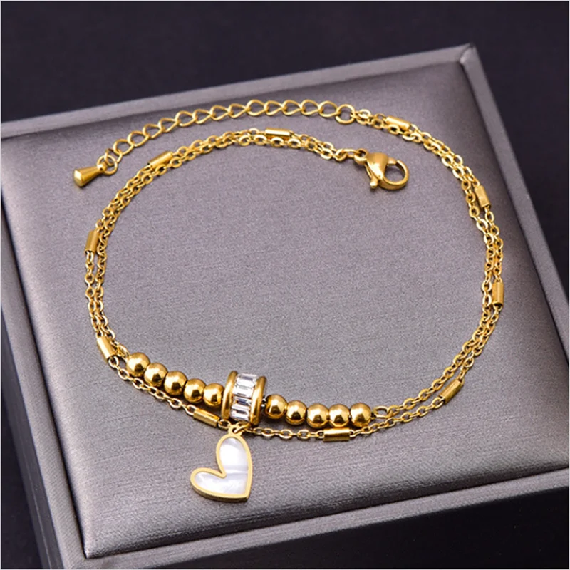 316L Stainless Steel New Fashion Jewelry 2-Layer Zircon Beaded Natural Shell Love Heart Charm Chain Anklet For Women Tobilleras