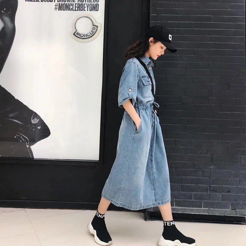 Vestido Vaquero Nuevo de 2023 para Mujer, Estilo Dulce, Línea A, Falda Larga, Cintura Elástica de Aodón, Vestido Midi Ade...