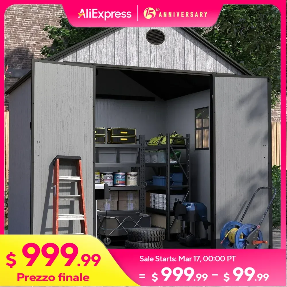 8x8 FT Outdoor Storage Shed with Floor, Side Window, 8FT Plastic Storage Sheds, Tall 376 Cuft Resin Garden Tool Shed