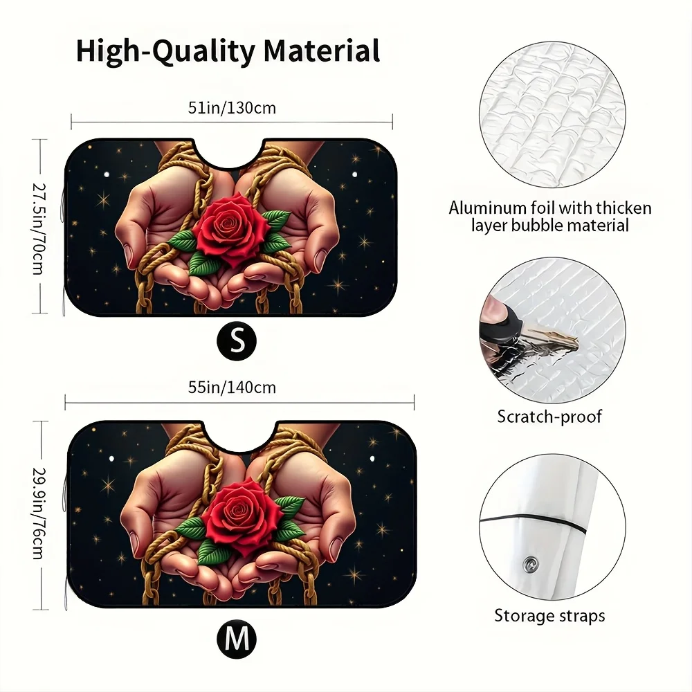 1pc Rose On Hand Style Sunshade - Foldable Heat Shield With 4 Suction Cups, Fit For Most Vehicles, Red Rose & Golden Chains Desi