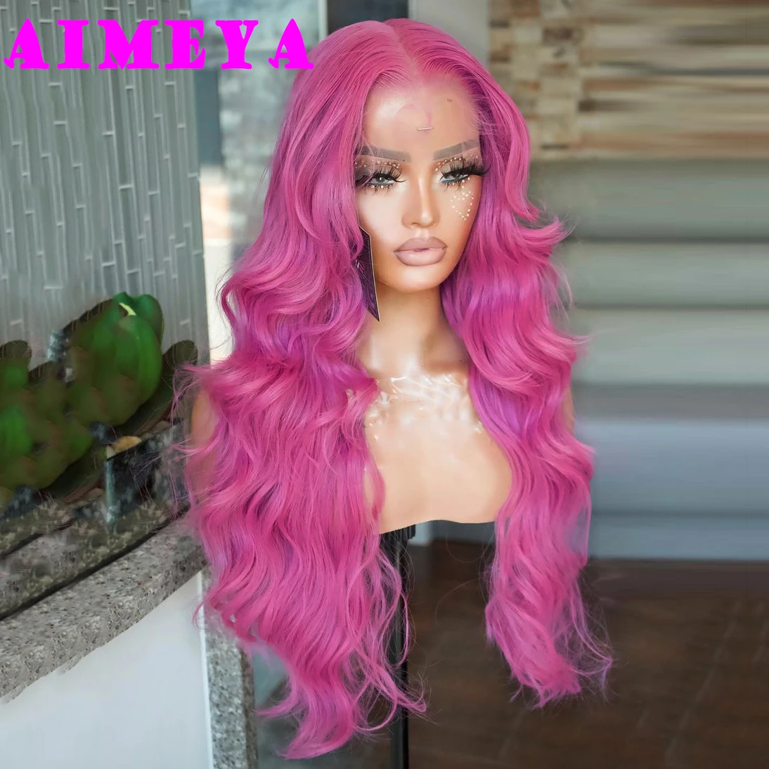 AIMEYA Pink Lace Front Wig Synthetic Long Body Wave Rose Red Wig Natural Hairline Daily Use Cosplay Wigs Heat Resistant