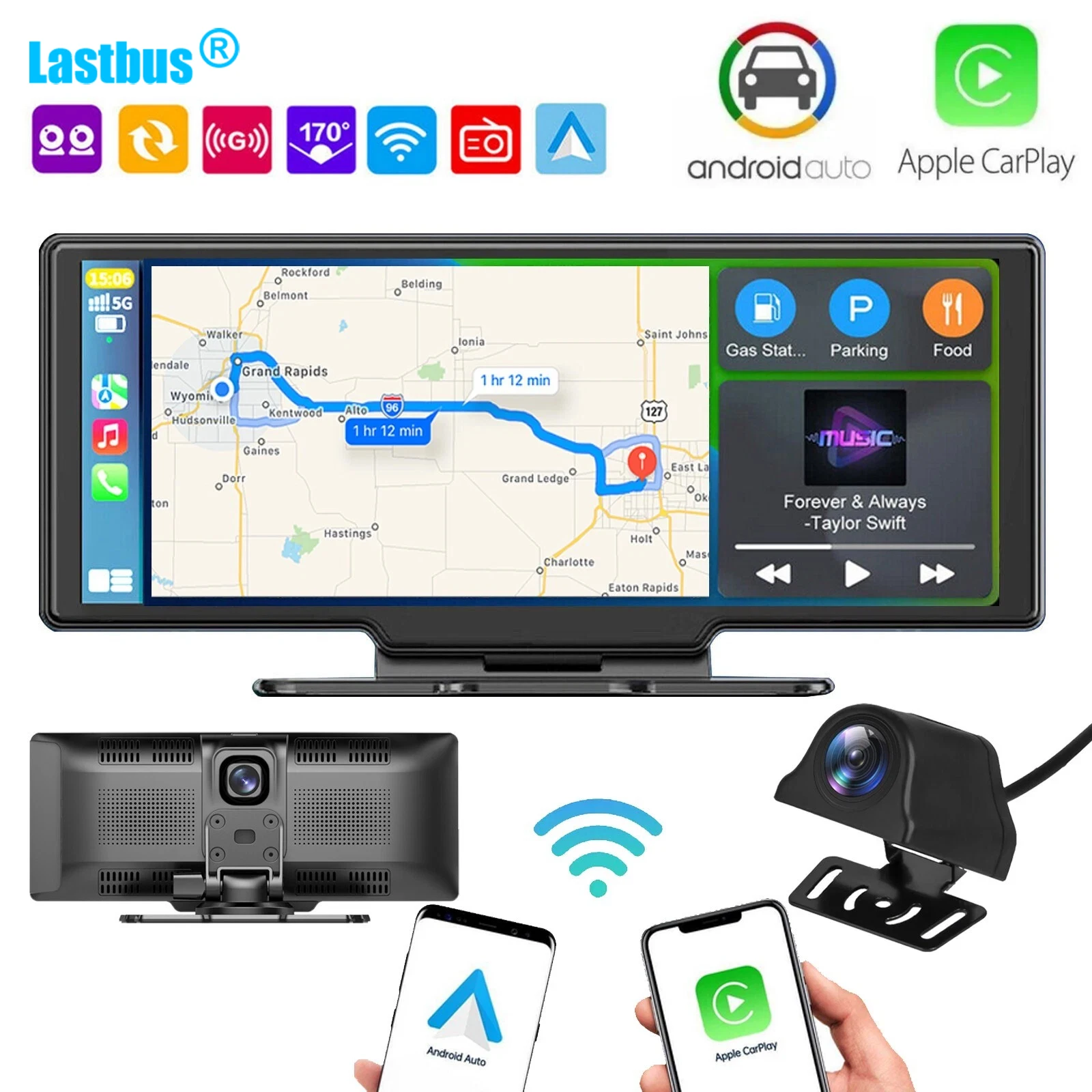 

Lastbus 2K Dual Lens Dash Cam 10.26 " Wireless CarPlay Bluetooth An Auto DVR Front Rear Camera Emergency Collision Recording GPS