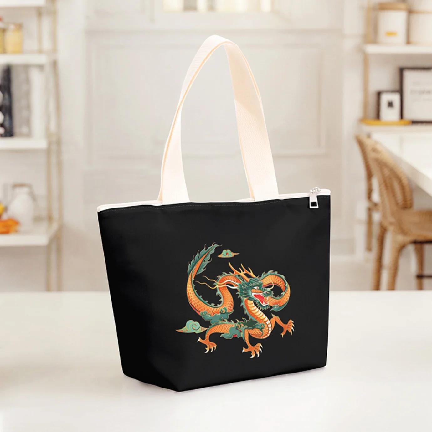 Chinese Dragon Print Thermal Insulated Lunch Tote Bag, Lightweight Reusable Food Carry Bag For Daily Outdoor Use