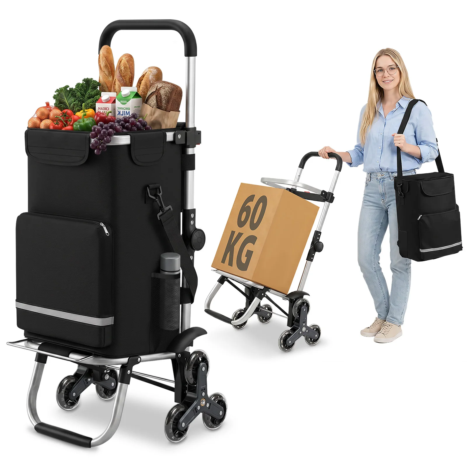 Carrello da Commercio XXL per Salire le Scale, Carrello 3-in-1 in Alluminio a 3 Ruote con Manico Regolabile in Altezza, Porta Frigo e Portabicchieri per Supermercato e Campeggio