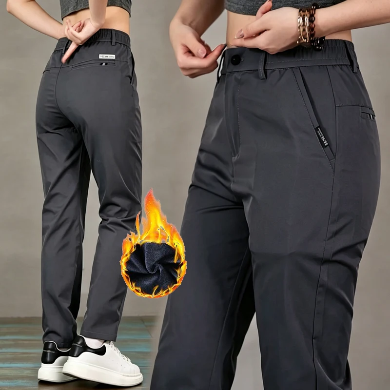 2026 Winter Business Casual Fleece Pants Men's Elastic Loose Breathable Trousers Korean Fashion Straight Pants Streetwear Men