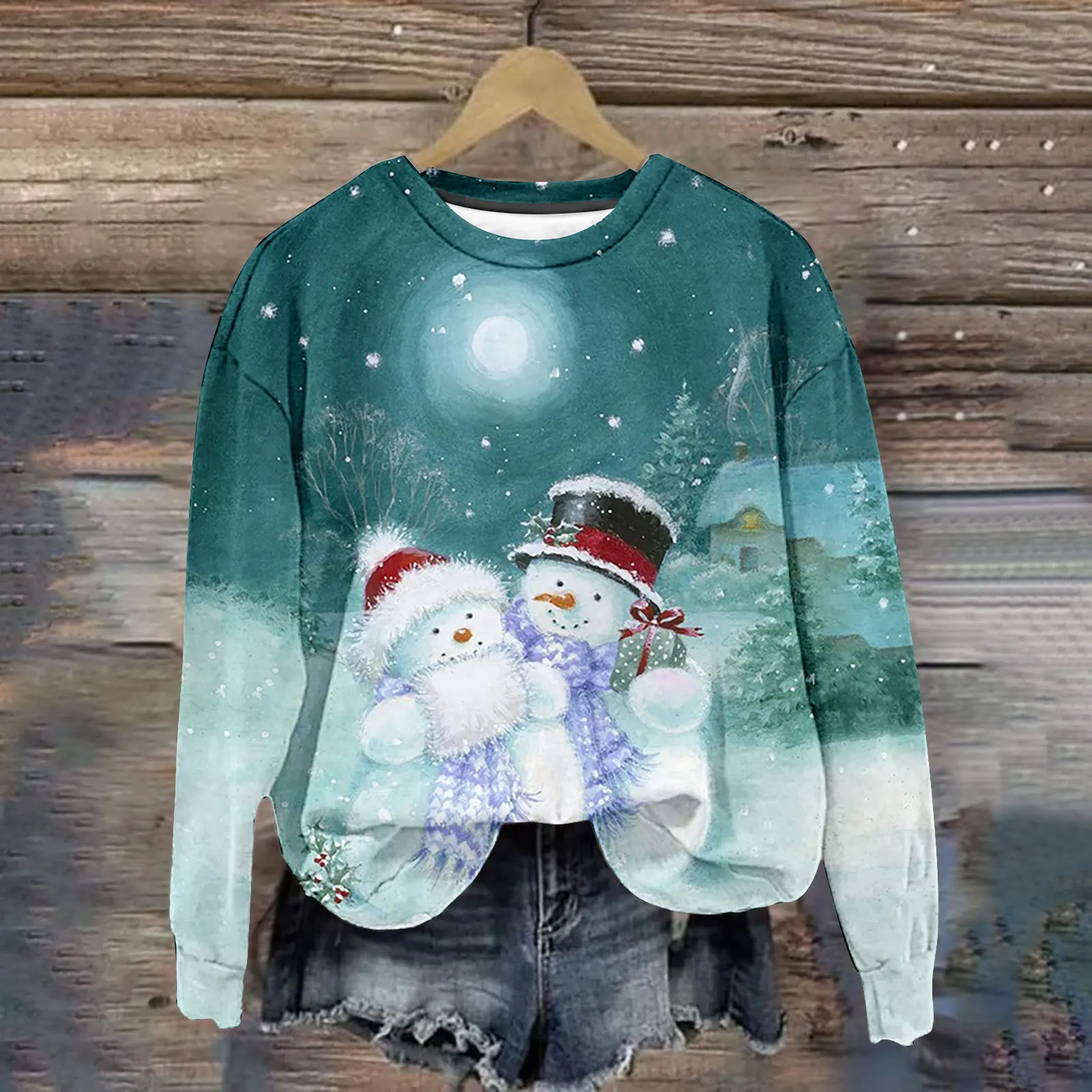 Women\'s Long Sleeve Christmas Sweater, 3D Snowmen Print Sweatshirts, Oversized T-Shirt, Fashion Design Apparel, New
