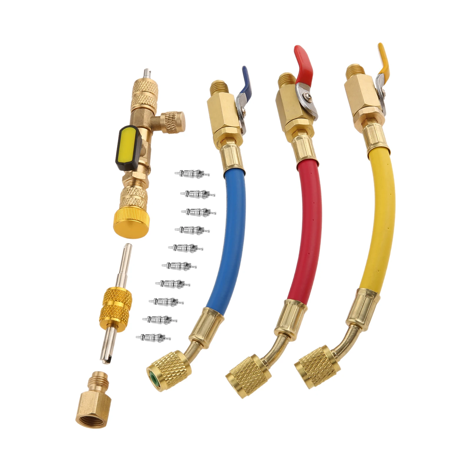 

Набор шлангов для заправки автомобильных кондиционеров R134A, R410A, R22, R12, с инструментом для снятия и установки клапанов, шланг с шаровым краном 7 дюймов, резьба 1/4 SAE