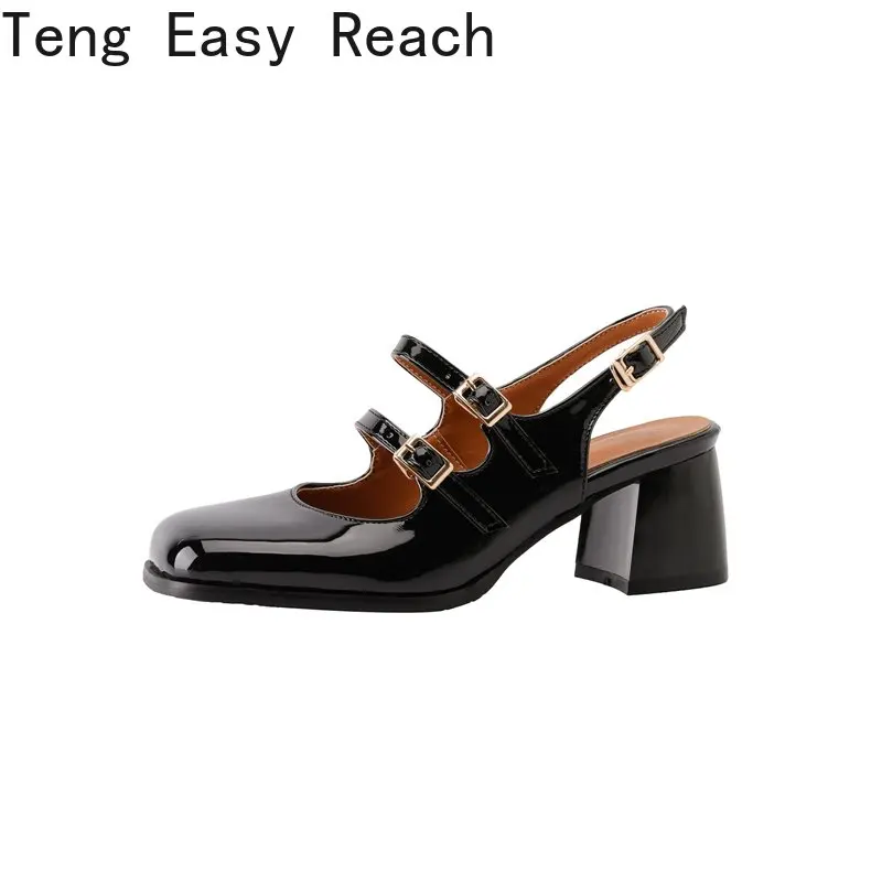 Plus Size 44 45 46 Black Silver Chunky High Heels Mary Jane Shoes Women Square Toe Double Buckle Pumps Slingback Ladies Sandals