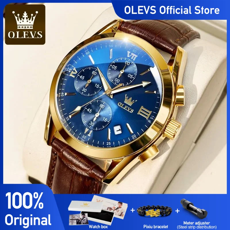 2021 OLEVS New Fashion Mens Watches Top Brand Luxury Quartz Watch Premium Leather Waterproof Sport Chronograph Watches For Men