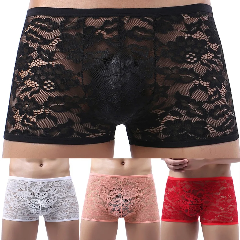 Sexy Mens Sissy Boxers Lace Thin Sheer See Through Briefs Semi-Transparent Underwear U Pouch Sissy Panties Shorts Underpants