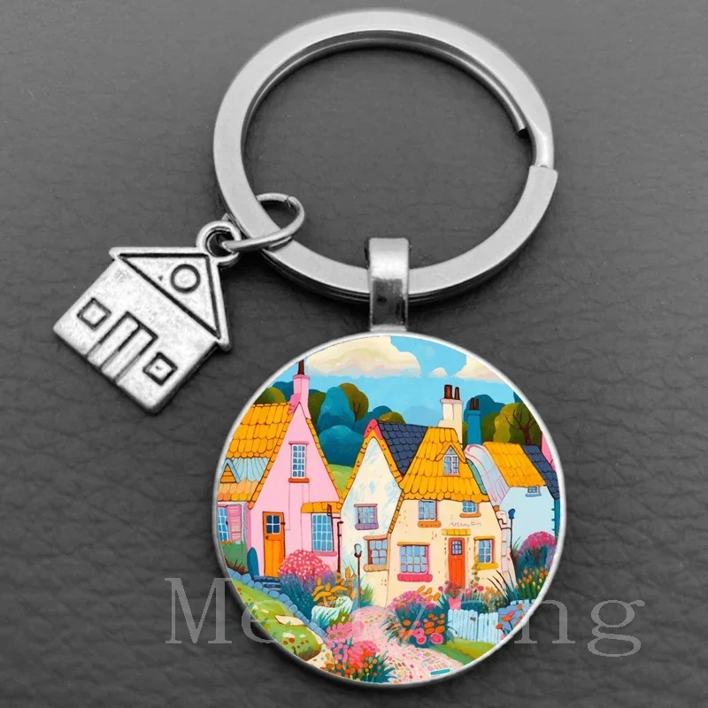 2024 New Home Keychain Healing Series Oil Painting Beautiful Home Glass Keychain Personalized Jewelry Gift New Home Keychain