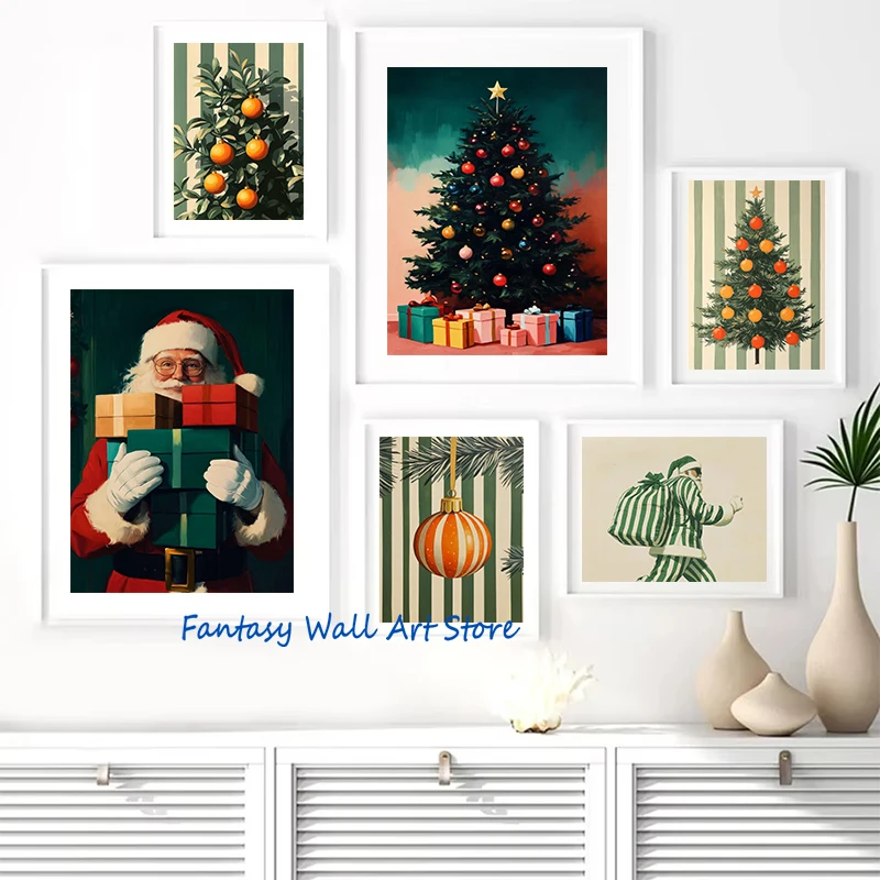 Winter Christmas Festive Holiday Retro Green Christmas Jolly Santa Wine Drink Poster Canvas Painting Wall Pictures Home Decor