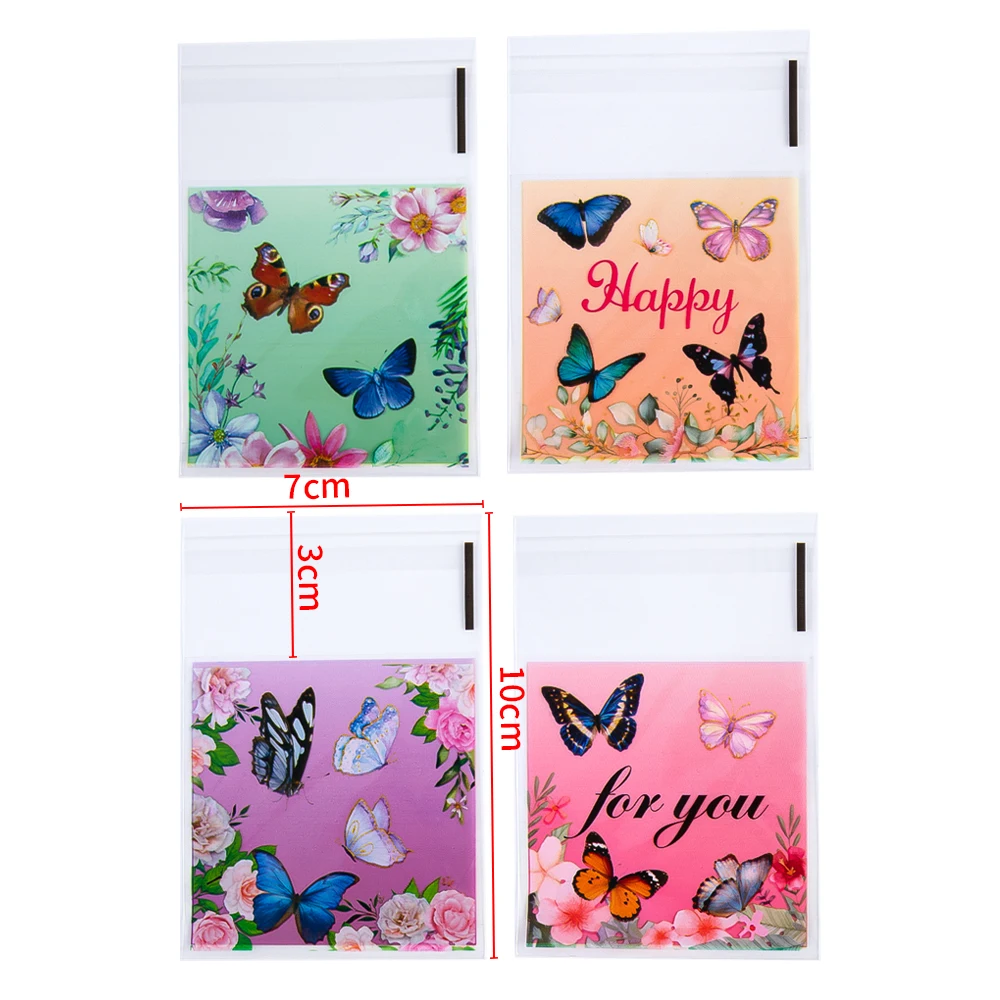50pcs 7x10cm Transparent Butterfly Plastic Self Adhesive Opp Bags Pouches for DIY Jewelry Packaging Candy Cookie Gifts Bag