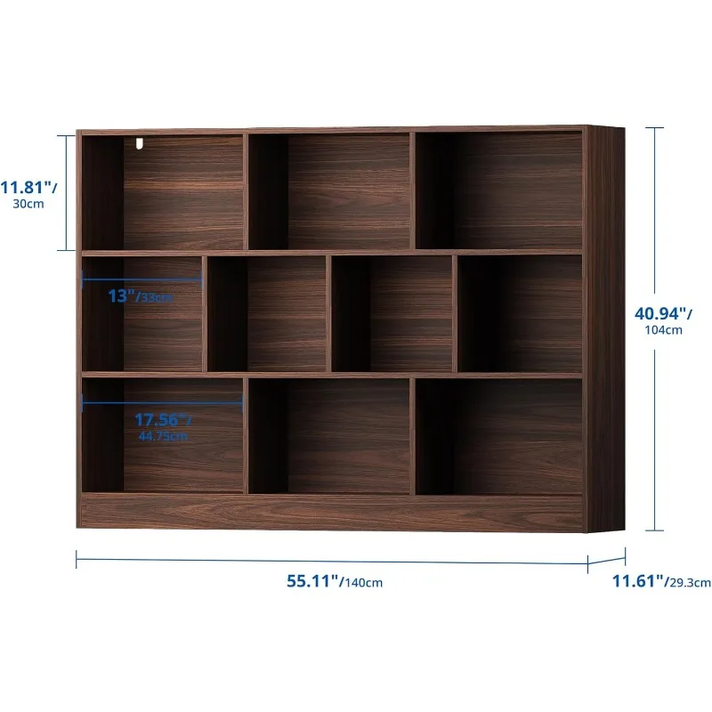 Brown Bookshelf, 3-Tier Open Shelf Bookcase, 10 Cube Storage Organizer with Anti-Tilt Device for Bedroom, Living Room