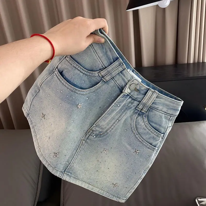 

Elegant Denim Mini Skirt Women Summer High Waist A-Line Rhinestone Embellished Bodycon Casual