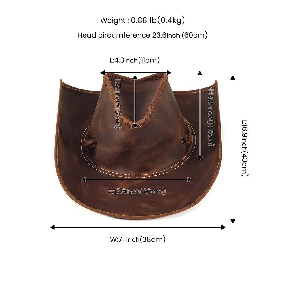 JOYIR Genuine Leather Men Western Cowboy Hat Vintage Cap Handcrafted Western Shapeable Durable Large 60CM Outback Hat New