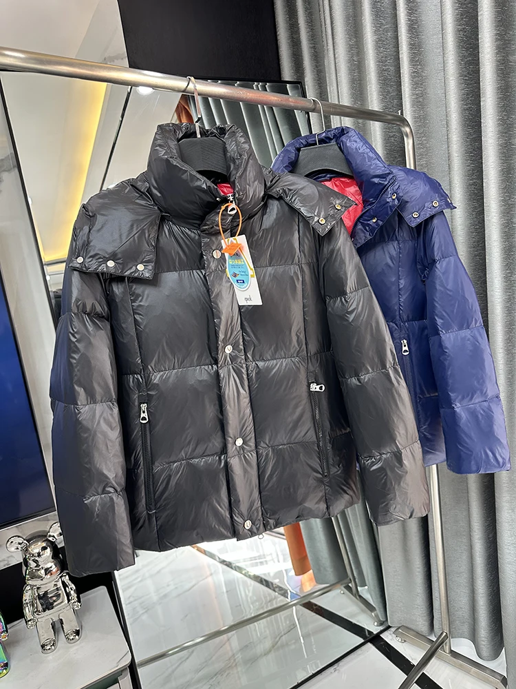 

High Puffiness 90 Duck down Jacket Men's Detachable Cap Thick Warm Casual All-Match Bright Surface Quilted Coat Trendy
