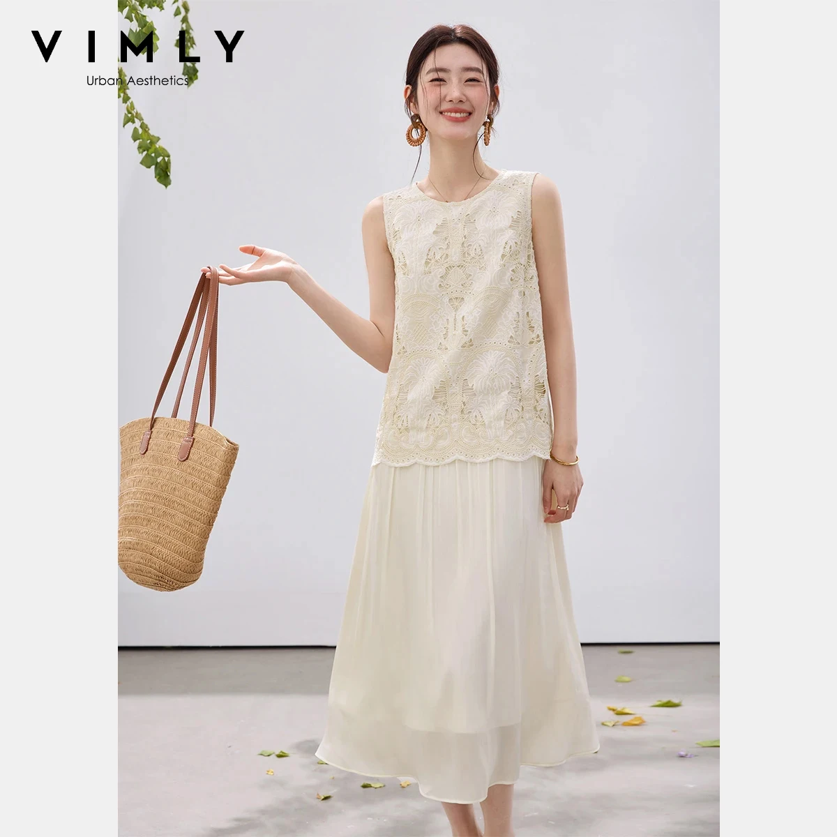 

VIMLY Women's Elegant Faux Layered Tank Maxi Dress 2026 Summer New French Heavy 3D Embroidery Jacquard Patch A-Line Dress A5212