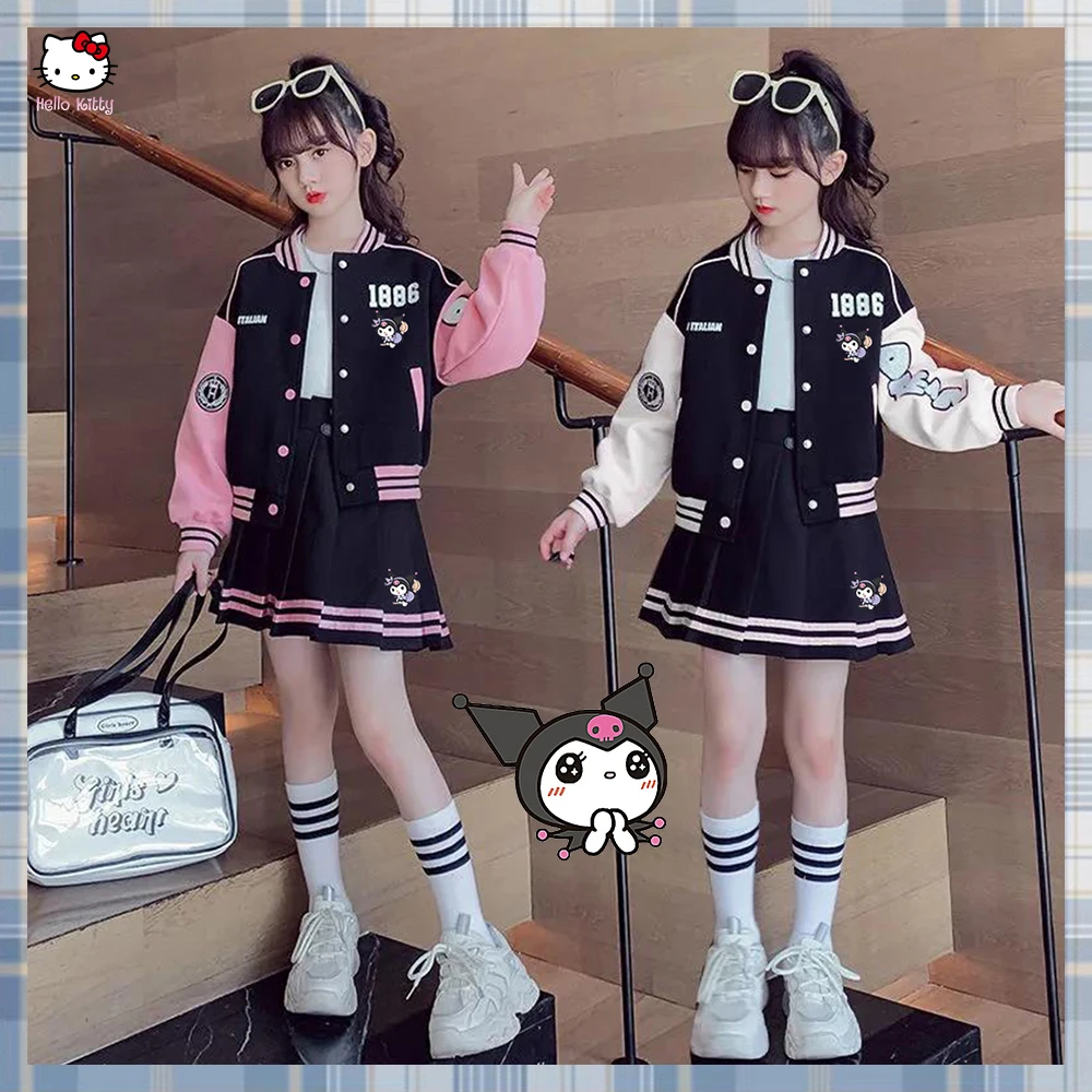 

Sanrioed 2Pcs Girls Y2K Tracksuit Kuromi Anime Autumn 2023 New Korean Baseball Uniform Coat Pleated Skirt Outfits Kids Clothing