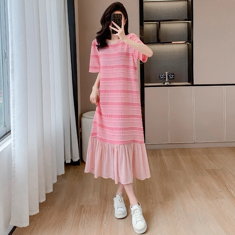 Women Cotton Long T-shirt Dresses Summer Female O Neck Short Sleeve Large Size 2XL Elegant Pink Stripe Ruffles Patchwork Vestido