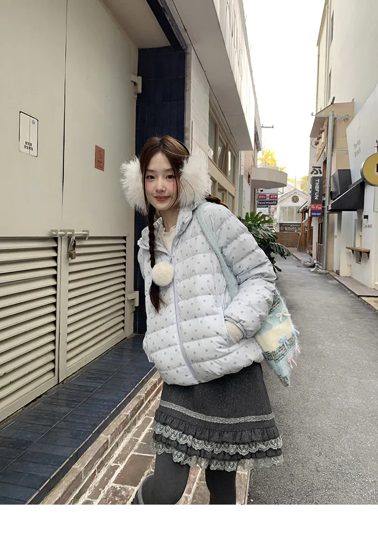 Korean Cropped Polka Dot Hooded Cotton-padded Jacket Women Zip Up Casual Winter Warm Outerwear Woman Sweet Cute Puffer Jackets