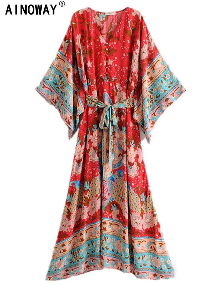 red floral print kimono maxi dress Vintage chic women red floral print bat sleeve beach Bohemian dresses Kimono  Ladies V neck sashes Boho maxi dress vestidos