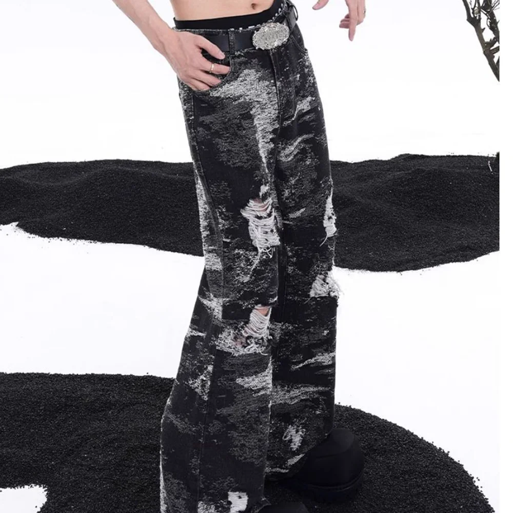 メンズ Y2k リッピングウォッシュだぶだぶのジーンズアメリカンレトロファッショントレンドハイストリートヒップホップニッチカジュアル 2025 夏の新メンズボトムス