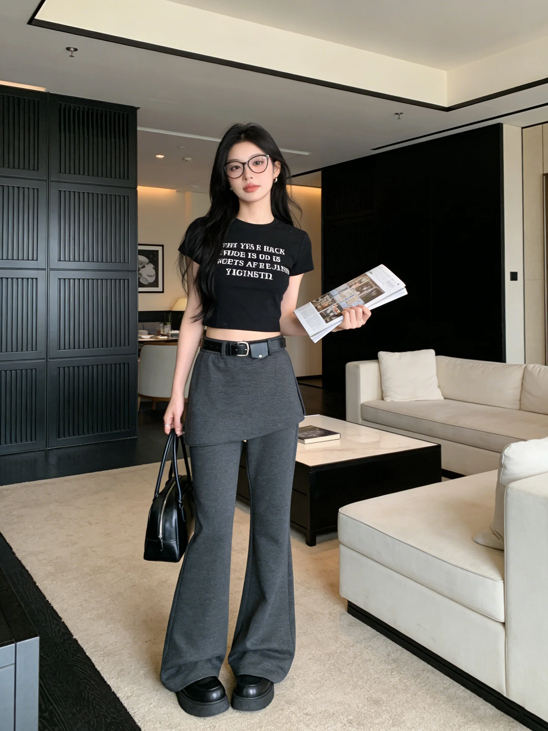 

Женские повседневные брюки-клеш с высокой талией, имитация двухслойности, серые, в корейском стиле, для ранней весны, модные, для работы и отдыха