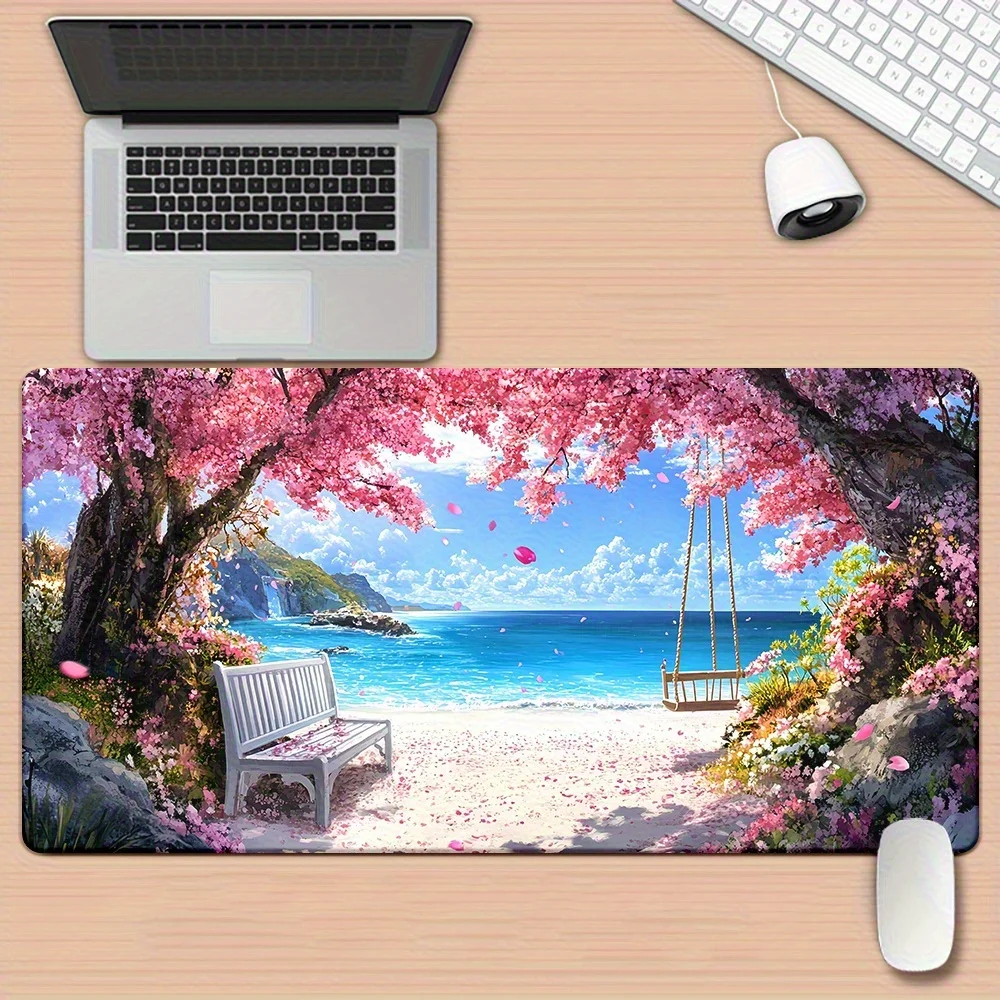 1-teiliges XXL-Mauspad mit Küstenlandschaft, lebendigem Strand- und Kirschblüten-Design, langlebige Schreibtischunterlage, multifunktionales Desktop-Pad