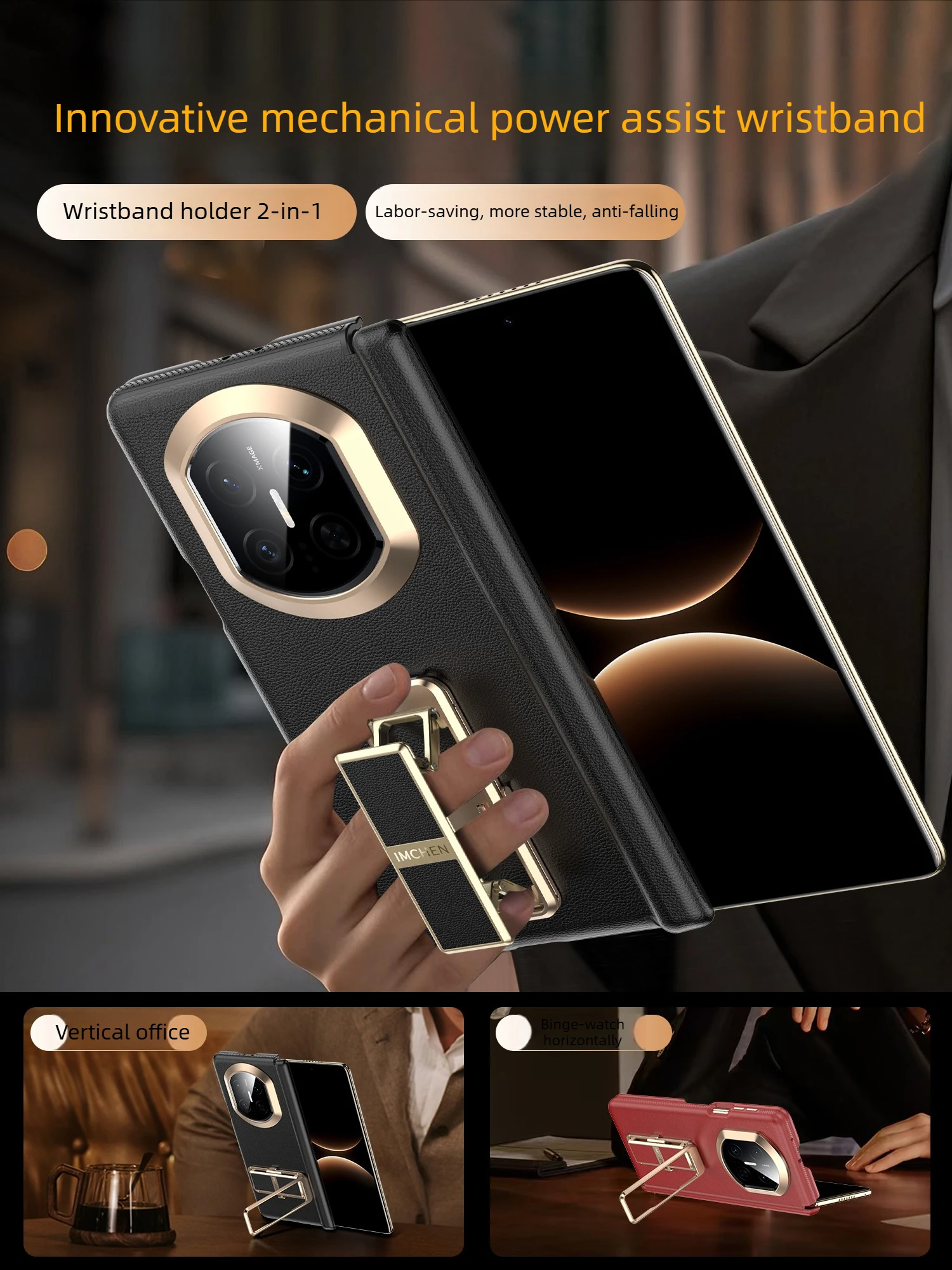 

Central Axis Hinge Magnetic Phone Case for Huawei Mate X7 X6 Box-style 3-sided Full Coverage Wristband Stand for Huawei Mate XT