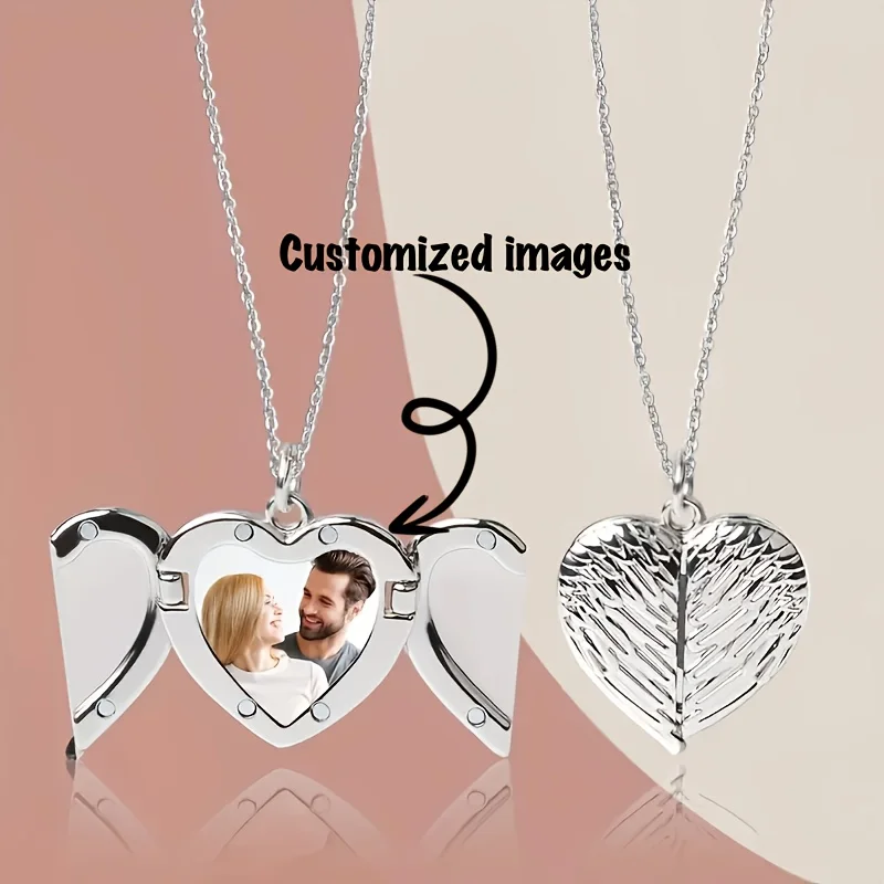 Custom Heat Transfer Angel Wing Heart-Shaped Pendant Necklace with Exquisite Decoration, Suitable for Mother'S Day, Father'S Day