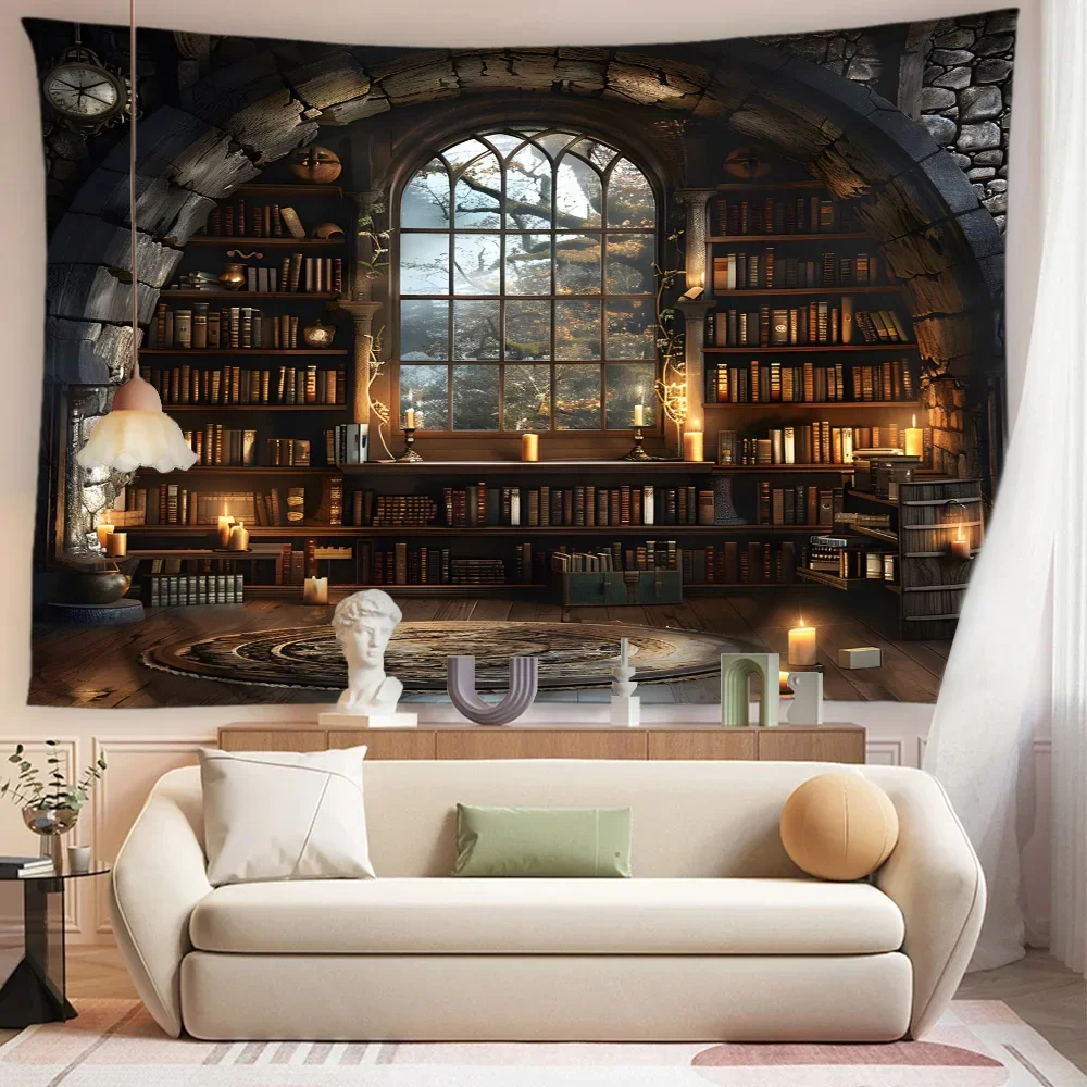Vintage Bibliothek Wandteppich Wandbild Alte Bücher Bücherregal Dachboden Kerzen Gothic Home Decor Schlafsaal Wohnzimmer Schlafzimmer Wandbehang