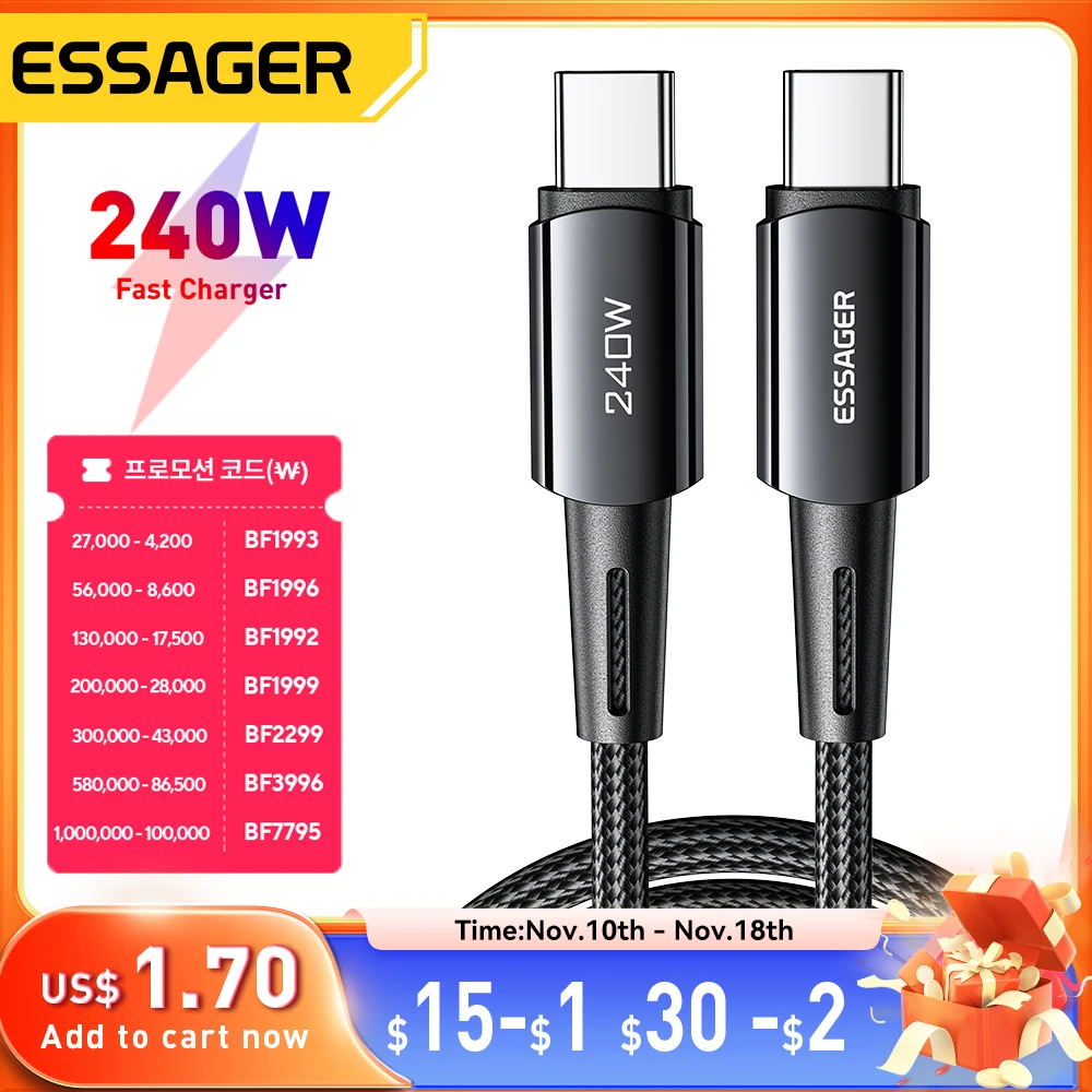 Essager 240W Super Fast Charge Type-C 67W Cable Quick Charge USB Cable 6A For Xiaomi 12Pro Redmi K50 Note 11Pro Black Shark 5Pro