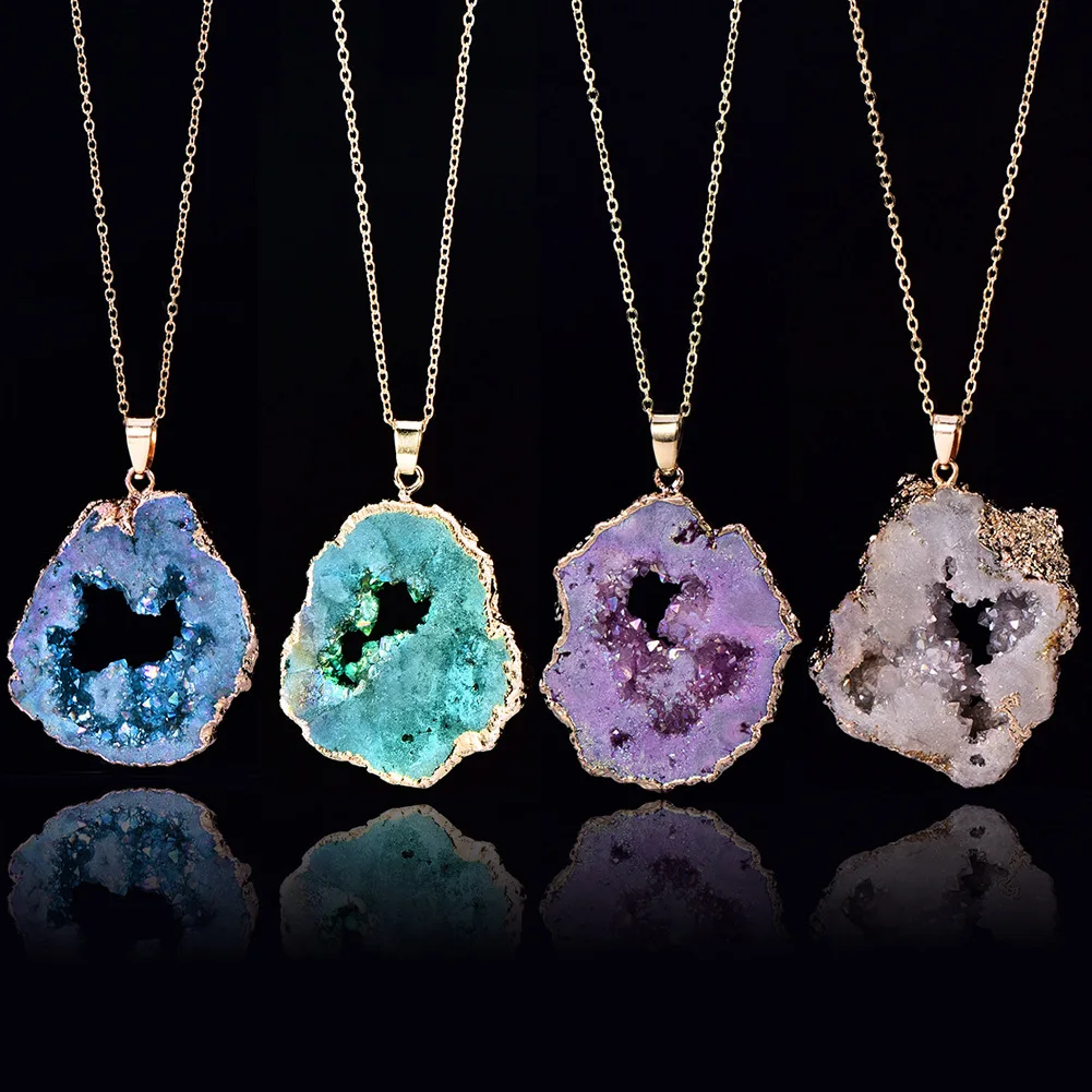 Natural Irregular Agate Charms Geode Quartz Slice Crystal Druzy Pendant Necklace DIY Jewelry Making Natural Agate Slice Necklace